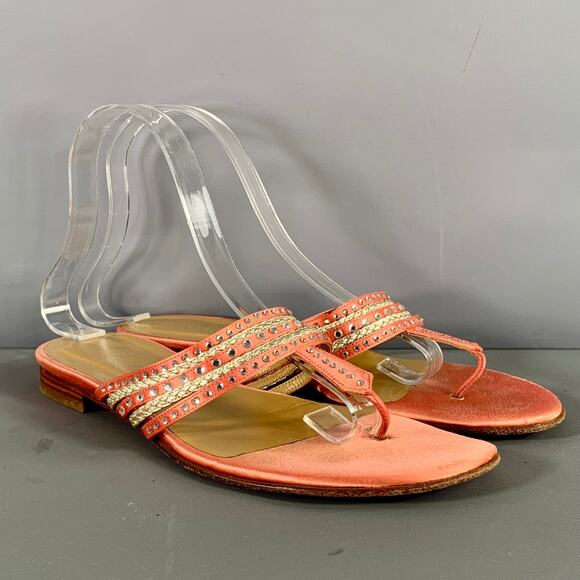 VALENTINO Size 8 Pink Silver Silk Rhinestones Thong Flats - Picture 1 of 9